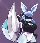 2024 absurd_res anthro anthrofied bare_legs big_breasts blindfold blue_body breasts cleavage clothed clothing eeveelution female generation_4_pokemon glaceon hi_res highleg highleg_leotard leotard mehiel melee_weapon navel_outline nier_automata nintendo oreon_smol platinumgames pokemon pokemon_(species) pokemorph portrait simple_background solo sword tail thick_thighs three-quarter_portrait voluptuous_female weapon wide_hips yorha_2b