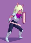 anthro armor blonde_hair breastplate clothing cosplay deer deltarune female freckles guarding hair hi_res hitsuji kris_(deltarune) mammal melee_weapon noelle_holiday pauldron red_eyes scarf shield solo spandex sword tight_clothing undertale_(series) weapon