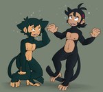 2022 5_fingers after_transformation anthro ash_ketchum black_body black_fur black_hair duo featureless_crotch fingers fur goh_(pokemon) green_background hair haplorhine male mammal mind_control monkey mr-haitch nintendo nipples nude open_mouth pokemon primate simple_background smile tail