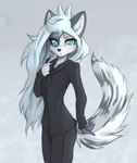 2023 absurd_res anthro arctic_fox blue_eyes blue_hair canid canine clothed clothing crossdressing eye_spot female fox freckles gloves_(marking) hair hi_res looking_at_viewer mammal markings milk_(milkthefox) solo standing suit tinygaypirate true_fox white_body