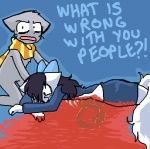 Rating: e
ID: 131062
Date: 2011-04-22 14:43:04 -0400
Status: active
Score: 2
accessory aliasing anthro asking asking_viewer biped bittersweet_candy_bowl black_hair blood blood_on_body blood_on_clothing blood_on_hand blood_pool bloody_hand blue_background blue_bottomwear blue_bow blue_clothing blue_outfit blue_ribbon blue_shirt blue_skirt blue_text blue_topwear bodily_fluids bottomwear bow_(feature) bow_accessory bow_ribbon brown_clothing brown_scarf clothed clothing corpse crossed_arms dark_hair death dialogue digital_media_(artwork) disembowelment domestic_cat duo english_text featureless_crotch felid feline felis female fluffy fluffy_tail fully_clothed fur gore grey_body grey_ears grey_face grey_fur guts hair hair_accessory hair_bow hair_ribbon interrobang intestines korat_cat looking_at_viewer low_res lying male mammal microsoft_paint_(artwork) mike_(bcb) monotone_body monotone_bottomwear monotone_clothing monotone_face monotone_fur monotone_hair monotone_shirt monotone_skirt monotone_topwear mostly_nude multicolored_clothing multicolored_scarf on_front organs pattern_clothing pattern_scarf pupils_only question rant rib_cage ribbons ribs sandy_(bcb) scarf scarf_only shirt simple_background skirt snuff striped_clothing striped_scarf stripes taeshi_(artist) tail talking_to_viewer tears text topwear two_tone_clothing two_tone_scarf white_body white_ears white_fur white_tail wounded yellow_clothing yellow_scarf post #131062