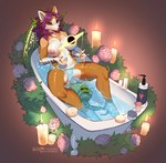 absurd_res anthro bathing bathtub big_breasts black_hole breasts brown_body candle candlelight canid canine claw_foot_bathtub female flower fox fusion genitals hair hi_res hybrid light magic mammal monster nude peony_(flower) plant purple_hair pussy relaxing romantic signature sitting solo stinger_tail transfaled wings