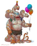 3_heads 4:5 anthro balloon belt blue_necktie bottomwear claws clothing dragon european_mythology forked_tongue greek_mythology green_necktie hat headgear headwear hi_res holding_balloon hydra inflatable long_neck male multi_head muscular muscular_anthro muscular_male mythological_creature mythological_scalie mythology necktie nipples orange_spots party_hat party_horn red_necktie rope rope_belt scales scalie shorts simple_background snout solo spots tail taran_fiddler tongue torn_clothing werecreature weretober western_dragon white_background white_body white_scales