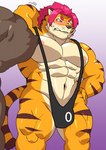 12beat13 anthro blush embarrassed felid hair lifewonders male mammal mankini muscular muscular_arms muscular_legs muscular_male nipples nomad_(tas) pantherine pecs raised_arms red_hair solo tiger tokyo_afterschool_summoners