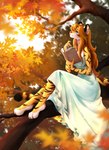 absurd_res anthro autumn biped book breasts clothing detailed_background dress felid feline female female_anthro field fluffy forest heart_symbol hi_res laffisa light mammal neckline outside pantherine plant reading solo sun sunlight sunset tail tiger tree