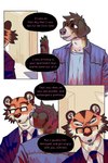 2:3 bastriw blue_eyes brown_eyes canid canine canis clothing comic dialogue domestic_dog english_text eye_scar eyewear facial_scar felid fernando_(bastriw) glasses hi_res male mammal martin_(bastriw) necktie pantherine scar suit text tiger