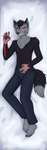 absurd_res angry anthro bared_teeth barefoot black_body black_fur bottomwear canid canine chest_tuft clothing dakimakura dakimakura_design dark_matter_(li'l_melon) facial_scar feet fur glowing glowing_eyes glowing_hands grey_body grey_fur growling hi_res looking_at_viewer lying male mammal mohawk on_side pants red_eyes scar shirtless solo strays_in_paradise toynako tuft unknown_species