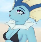 anthro beach breasts ear_piercing eeveelution female generation_1_pokemon hi_res medium_breasts nintendo piercing pokemon pokemon_(species) purple_eyes solo tanatos_aaa vaporeon