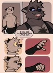 absurd_res anthro arm_warmers armwear canid canine canis clothed clothing comic dialogue domestic_dog duo english_text hi_res male mammal muscular pecs rygel_spkb shirt speech_bubble tank_top text topless topless_male topwear wolf