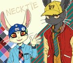 2017 5_fingers anthro black_body black_eyeliner black_fur blue_clothing blue_shirt blue_topwear bosstariamuss clothing d.g_(bosstariamuss) duo english_text eyeliner fingers fur gesture happy headgear headwear jacket lagomorph leporid looking_at_viewer makeup male mammal mugio necktie open_mouth rabbit red_eyes serious shirt text topwear waving waving_at_viewer white_body white_fur yellow_sclera young young_anthro young_male