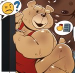 anthro bear big_butt bodily_fluids butt cheat cheating_husband clothed clothing dark_body dark_skin dialogue duo half_naked hi_res human human_on_anthro interspecies male male/male mammal nipples nude overweight overweight_anthro overweight_male partially_clothed partially_clothed_anthro plushie smile speech_bubble sweat tall ted_(movie) ted_(ted) toy trashtoonz