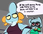 1-upclock anthro dialogue duo female freckles generation_3_pokemon generation_4_pokemon grey_background hi_res jewelry male mudkip nintendo noh_(1-upclock) pokemon pokemon_(species) red_eyes riolu simple_background talking_to_another wrestling wrestling_outfit