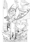 action_pose ambiguous_gender angry battle bodily_fluids claws comic cross-popping_vein destruction duo eeveelution feral fight generation_1_pokemon generation_4_pokemon hi_res japanese_text leafeon monochrome motion_lines nintendo pokemon pokemon_(species) pokemon_mystery_dungeon pose simple_background spike_chunsoft surprise surprised_expression sweat tail text vaporeon yamatokuroko965