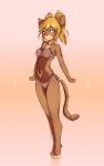 absurd_res anthro barefoot biped blonde_hair blue_eyes brown_body brown_fur clothing digitigrade domestic_cat eyelashes feet felid feline felis female fruitbloodmilkshake fur hair hi_res mammal midriff navel sahara_(skimike) simple_background smile solo standing underwear