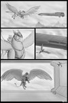 2:3 aircraft anthro armor avian breastplate canid canine canis comic duo feral flying greyscale gryphon headgear helmet hi_res jagg_(thatgryphonguy) male mammal monochrome mythological_avian mythological_creature mythology ramz_(thatgryphonguy) riding riding_on_back saddle sky thatgryphonguy vehicle wolf