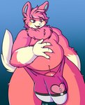 anthro balls big_balls big_bulge big_penis bulge clothing daniruu fluffy fur generation_9_pokemon genitals ground_squirrel hair hi_res love_ball male mammal marmot nintendo overweight overweight_anthro overweight_male pawmot penis pink_body pink_clothing pink_eyes pink_fur pink_hair pink_underwear pokeball pokeball_underwear pokemon pokemon_(species) pubes rodent sciurid shiny_pokemon solo thong underwear yellow_cheeks