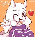 anthro bovid breasts caprine clothing female floppy_ears goat heart_symbol hi_res horn kawo_oshy looking_at_viewer mammal one_eye_closed signature simple_background solo toriel undertale_(series) white_body white_skin wink