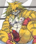 abs anthro argo_slothcat2 balls_bulge blush clothing feet felid fighting_ring foot_wraps green_eyes green_hair hair hand_wraps hi_res lifewonders long_hair looking_at_viewer macan_(tas) male mammal muscular muscular_anthro muscular_male nipples pantherine pecs sitting smile smirk solo speedo spread_legs spreading swimwear tenting tiger tokyo_afterschool_summoners wraps