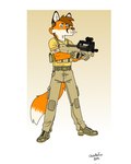 2024 anthro band-aid bandage bandaged_arm bartek22 belt blood blood_stain blue_eyes bodily_fluids boots border brown_hair canid canine chris_the_fox_(bartek22) clothing combat_boots combat_gear dated digital_media_(artwork) dipstick_tail ears_up footwear fox fox_tail fur gradient_background gun hair hi_res holding_gun holding_object holding_ranged_weapon holding_weapon inner_ear_fluff looking_at_viewer male mammal markings military military_pants orange_body orange_fur p90 ranged_weapon shirt shoes signature simple_background soldier solo submachine_gun tail tail_markings topwear tuft vest warrior weapon whiskers white_body white_border white_fur