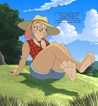 anthro bottomwear clothing cloud english_text erebusofdawn female grass hat headgear headwear hi_res inviting lagomorph leporid looking_at_viewer mammal paws plant rabbit rock sammfeatblueheart sarah_(disambiguation) shorts solo sun_hat talking_to_viewer text tree