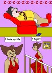 anthro black_body black_fur breasts brown_hair canid chair cleavage clothed clothing comic dialogue disney dress duo ear_piercing ear_ring english_text felid female fur furniture goof_troop hair kthanid_(artist) male mammal nipples peg_pete pete_(disney) piercing recliner ring_piercing sleeping snoring tan_body tan_fur text translucent translucent_clothing