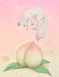 ambiguous_gender canid canine feral food fox fruit hi_res kaho_nishikawa mammal peach_(fruit) pink_background plant red_fox simple_background solo traditional_media_(artwork) true_fox