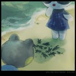 ambiguous_gender amphibian animal_crossing anthro beach cheek_spots clothed clothing detailed_background dotty_(animal_crossing) dress frog group hi_res huck_(animal_crossing) lagomorph leporid mammal micro nintendo on_model open_mouth plastiboo rabbit realistic_lighting realistic_shading seaside toony water