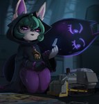 2024 absurd_res box bulldozer clothed clothing container cranihum detailed_background english_text female green_hair hair hi_res humanoid inside killdozer kneeling league_of_legends lego lego_brick not_furry purple_eyes riot_games shadow_(lol) short_stack smile solo tencent text vex_(lol) yordle