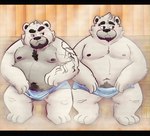 06junior11 2023 anthro bear beard belly big_belly black_nose blush detailed_background duo facial_hair hi_res male mammal moobs nipples overweight overweight_male polar_bear sauna sitting steam tattoo towel ursine white_body