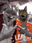 1393_noam 2024 4_fingers anthro athletic athletic_anthro athletic_male biped black_claws black_eyes brown_body brown_fur canid canine canis claws clothed clothing crossover death_(puss_in_boots) digital_media_(artwork) digital_painting_(artwork) dreamworks duo eyebrows facial_markings fingers fur grey_body grey_fur happy hashtag head_markings hi_res intraspecies jacket looking_at_viewer male mammal markings mask_(marking) mr._wolf_(the_bad_guys) open_clothing open_jacket open_mouth open_topwear puss_in_boots_(franchise) red_eyes red_sclera slim_anthro slim_male smile teeth text the_bad_guys topwear white_body white_fur wolf yellow_eyes yellow_sclera