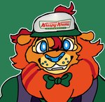 anthro blue_eyes bow_tie clothed clothing felid green_background hat headgear headwear indigo_park krispy_kreme lion lloydford_l._lion looking_at_viewer male mammal nasthane outline pantherine simple_background smile solo white_outline