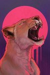 abstract_background blood_moon bust_portrait circle demiure fangs felid female feral halo hi_res light lighting lion mammal notched_ear open_mouth pantherine portrait purple_background roaring simple_background solo spitz_(artist) teeth