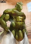 2021 abs absurd_res anthro argonian balls barazoku biceps big_balls big_muscles big_penis bodily_fluids body_hair chest_hair deltoids flaccid foreskin genitals hair hi_res holding_object holding_towel horn huge_balls humanoid_genitalia humanoid_penis inside lock low-angle_view male microsoft muscular muscular_anthro muscular_male naughtyxerigart navel nipple_piercing nipple_ring nipples non-mammal_balls non-mammal_nipples obliques pecs penis piercing pubes ring_piercing sauna scalie signature smile solo standing steam sweat the_elder_scrolls thick_penis towel