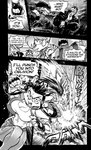 action_pose anthro breasts canid canine canis cleavage clothed clothing comic daigaijin dialogue domestic_dog english_text felid female fox fur furryfight_chronicles gantus_(furryfight_chronicles) group hair hi_res kalita_(furryfight_chronicles) leyline_(furryfight_chronicles) lion male mammal midriff monochrome pantherine pose shirt tank_top text topwear