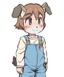 2017 5:6 ambiguous_gender anthro big_eyes big_head blush brown_eyes brown_hair canid canine caninu clothed clothing countershading cyberconnect2 dagasi front_view fully_clothed hair hi_res kemono legs_together little_tail_bronx mammal mamoru-kun_(series) overalls portrait short_hair simple_background smile solo standing three-quarter_portrait wabisuke_(mamoru-kun) white_background young young_anthro