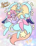 alien anthro antlers blue_body chinchillid clothing collar dress duo english_text fecto_elfilis female hair heart_symbol hi_res horn kirby kirby_(series) kirby_and_the_forgotten_land lewdchuu_(artist) male mammal nintendo pink_body pink_hair purple_eyes pyon_(lewdchuu) rodent star starling_(kirby) text