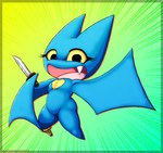 2024 absurd_res adorabat anthro bat blue_body cartoon_network digital_media_(artwork) fangs featureless_crotch female happy hi_res knife looking_at_viewer mammal mao_mao:_heroes_of_pure_heart one_tooth open_mouth pegleg simple_background solo symbol_on_chest teeth viroveteruscy wings yellow_sclera