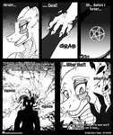 2017 anthro bandage bodily_fluids clothing comic daylock_(viroveteruscy) demon dragon duo english_text female five_frame_image gesture handshake hi_res horizontal_staggering if_hell_had_a_taste male monochrome mythological_creature mythological_scalie mythology occult_symbol pentagram scales scalie shirt skylar_fidchell sound_effects staggering_(layout) sweat symbol text topwear viroveteruscy wounded