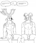 2023 5_fingers anthro antlers balls bernielover bernielover's_college_au bovid caprine casual_nudity deer devon_(bernielover) dialogue duo english_text fingers fur genitals hi_res horn humanoid_genitalia humanoid_hands humanoid_penis male mammal markings monochrome nude penis pubes sauna sitting smile social_nudity speech_bubble spots spotted_body spotted_fur text towel towel_around_neck whitney_(bernielover)