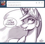 2013 ask_blog black_and_white crown dialogue english_text equid equine exclamation_point female feral friendship_is_magic hasbro headgear horn john_joseco mammal monochrome my_little_pony mythological_creature mythological_equine mythology princess princess_celestia_(mlp) question_mark royalty signature simple_background solo text tongue tongue_out tumblr unicorn white_background