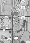 2019 anthro big_breasts bikini breasts canid canine cleavage clothed clothing comic dialogue digital_media_(artwork) dipstick_ears disney duo ear_markings english_text female fox freckles_(artist) gloves_(marking) greyscale hi_res huge_breasts judy_hopps lagomorph leporid male mammal markings monochrome multicolored_ears nick_wilde one-piece_swimsuit open_mouth rabbit red_fox sling_bikini swimwear text true_fox two-piece_swimsuit undressing zootopia