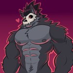 1:1 abs absurd_res anthro areola biceps black_body black_fur black_hair canid canine canis fur grey_areola grey_body grey_ears grey_fur grey_inner_ear hair heart_symbol hi_res mako_(pumpking_wolf) male male_anthro mammal mask mask_only multicolored_body multicolored_fur muscular muscular_anthro muscular_male nude nude_anthro nude_male outline pecs pink_outline pointy_ears ponytail prick_ears pumpking_wolf purple_background red_eyes simple_background skull_mask solo two_tone_body two_tone_fur white_mask wolf