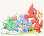 ambiguous_gender blue_body blush blush_lines charmeleon claws duo elemental_creature fangs feral flora_fauna generation_1_pokemon green_body hug ivysaur kinakomocheeni leaf nintendo plant pokemon pokemon_(species) red_body shell simple_background teeth wartortle white_background