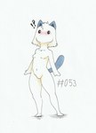 ?! anthro anthrofied black_eyes blue_ears blue_tail blush breasts empty_eyes featureless_breasts featureless_crotch female foxydraws fur hi_res mouthless noseless nude pal_(species) palworld pocketpair simple_background small_breasts solo standing swee tail traditional_media_(artwork) white_background white_body white_fur