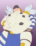 6_wings angel angemon armor bandai_namco belly bottomwear clothing covered_eyes digimon digimon_(species) feathered_wings feathers headgear helmet humanoid loincloth low-angle_view male multi_wing navel nenanauso obese obese_humanoid obese_male overhang overweight overweight_humanoid overweight_male smile solo white_body white_wings wings