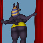 1:1 animated anthro anubis back_boob big_breasts big_butt bottomwear breasts butt canid canine clothing deity digital_media_(artwork) egyptian_mythology female hi_res huge_breasts j5furry looking_at_viewer looking_back loop mammal middle_eastern_mythology miniskirt mythology no_sound short_playtime skirt smile tail webm