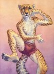 2023 anthro athletic_wear bottomwear bulge cheetah clothing felid feline gym_bottomwear gym_shorts hi_res looking_at_viewer luikatje male mammal nipples painting_(artwork) pawpads plantigrade shorts solo traditional_media_(artwork) watercolor_(artwork)