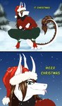 anthro blep breasts christmas christmas_clothing christmas_headwear clothing comic digital_drawing_(artwork) digital_media_(artwork) english_text equis_universe fangs female fluffy forest fur hat headgear headwear hi_res holidays ki'rinaes medium_breasts meme merr_chrismas paws plant santa_hat shasehra_gaelehrion snow solo sunny_way teeth text tongue tongue_out topwear tree warm