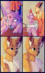 2019 absurd_res anthro bodily_fluids canid comic conditional_dnp dialogue digital_media_(artwork) eevee eeveelution elvche english_text espeon female flareon generation_1_pokemon generation_2_pokemon genital_fluids hi_res male mammal nintendo nipples pokemon pokemon_(species) saliva text tongue tongue_out vaginal_fluids