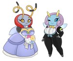 antennae_(anatomy) anthro armwear big_breasts blinking blue_body bottomwear bouquet bow_(feature) breasts clothing crossgender dress duo female flower flower_bouquet generation_3_pokemon grey_body handwear hi_res illumise nintendo pants plant pokeball pokemon pokemon_(species) simple_background suit urusee584 volbeat white_background wings yellow_body